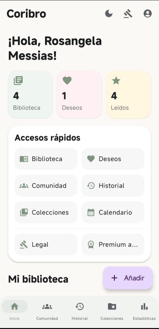 Pantalla de bienvenida e inicio de sesión de Coribro