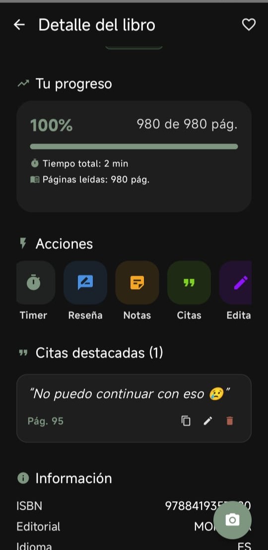 Detalle de libro en Coribro con progreso, citas, notas y reseñas